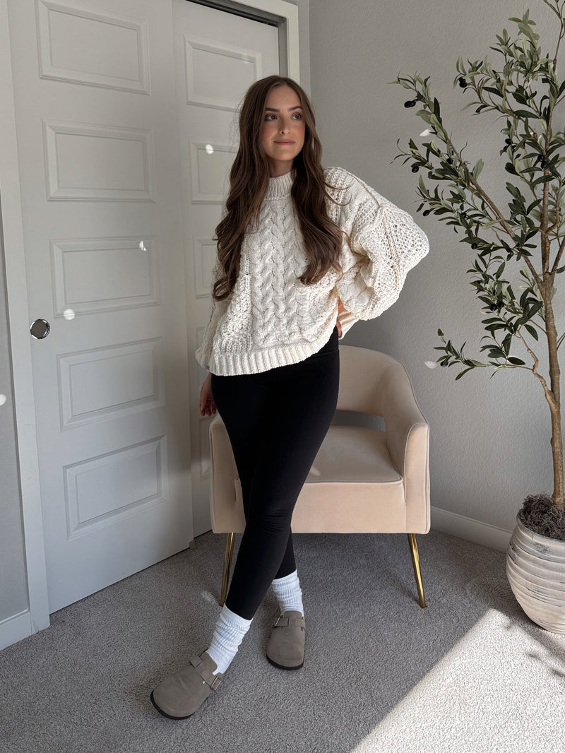 Brylie Mock Neck Balloon Sleeve Cable Knit Sweater (Cream)