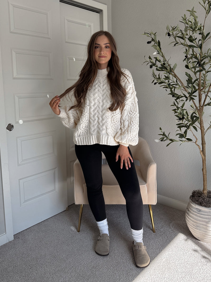 Brylie Mock Neck Balloon Sleeve Cable Knit Sweater (Cream)
