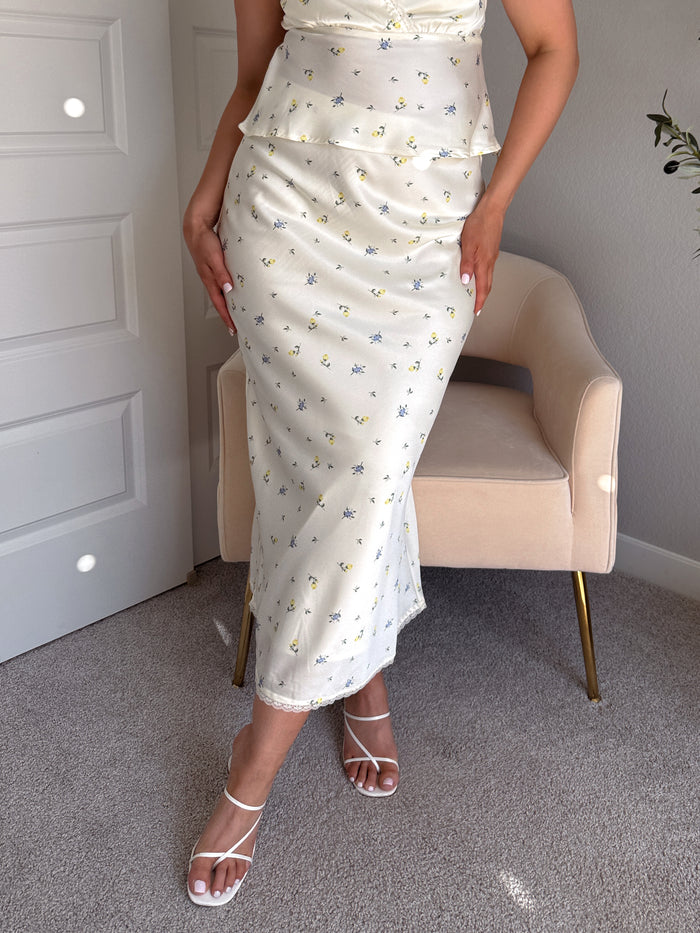 Buttercup Floral Satin Bias-Cut Midi Skirt (Butter Yellow)