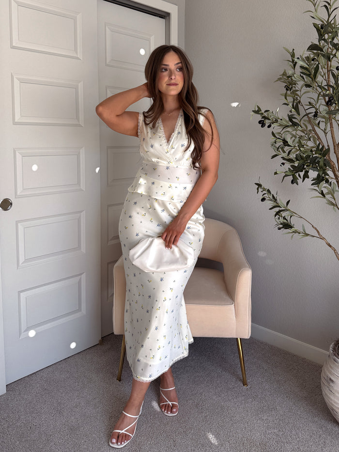 Buttercup Floral Satin Bias-Cut Midi Skirt (Butter Yellow) La Belle Boutique Buttercup Floral Satin Bias-Cut Midi Skirt (Butter Yellow) La Belle Boutique