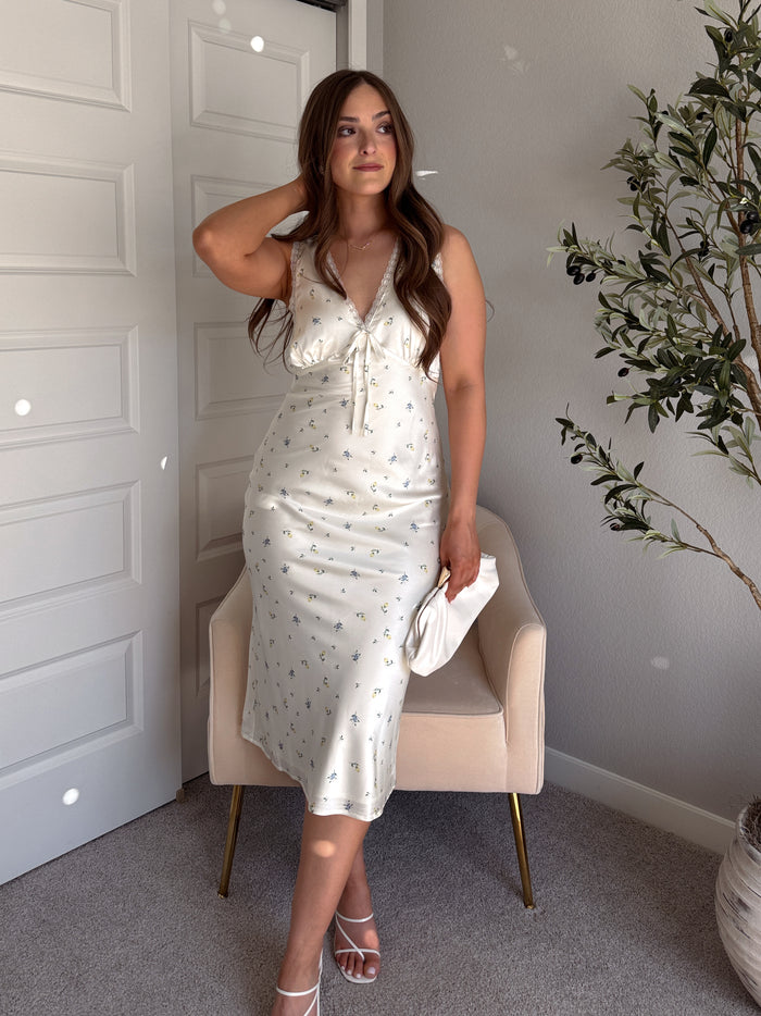 Buttercup Floral Satin Midi Slip Dress (Pale Butter Yellow)