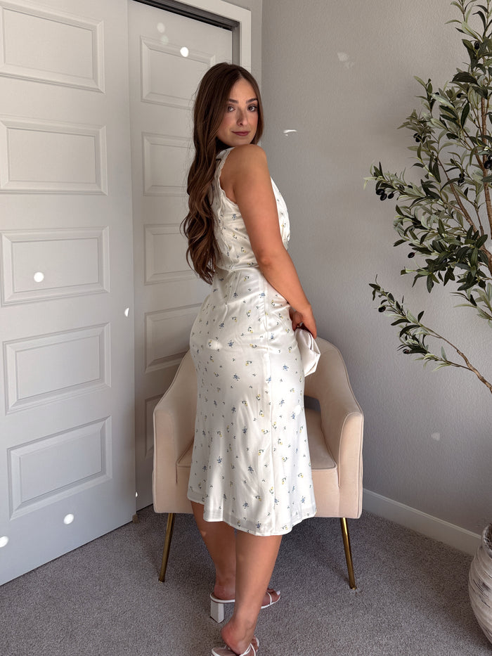 Buttercup Floral Satin Midi Slip Dress (Pale Butter Yellow)