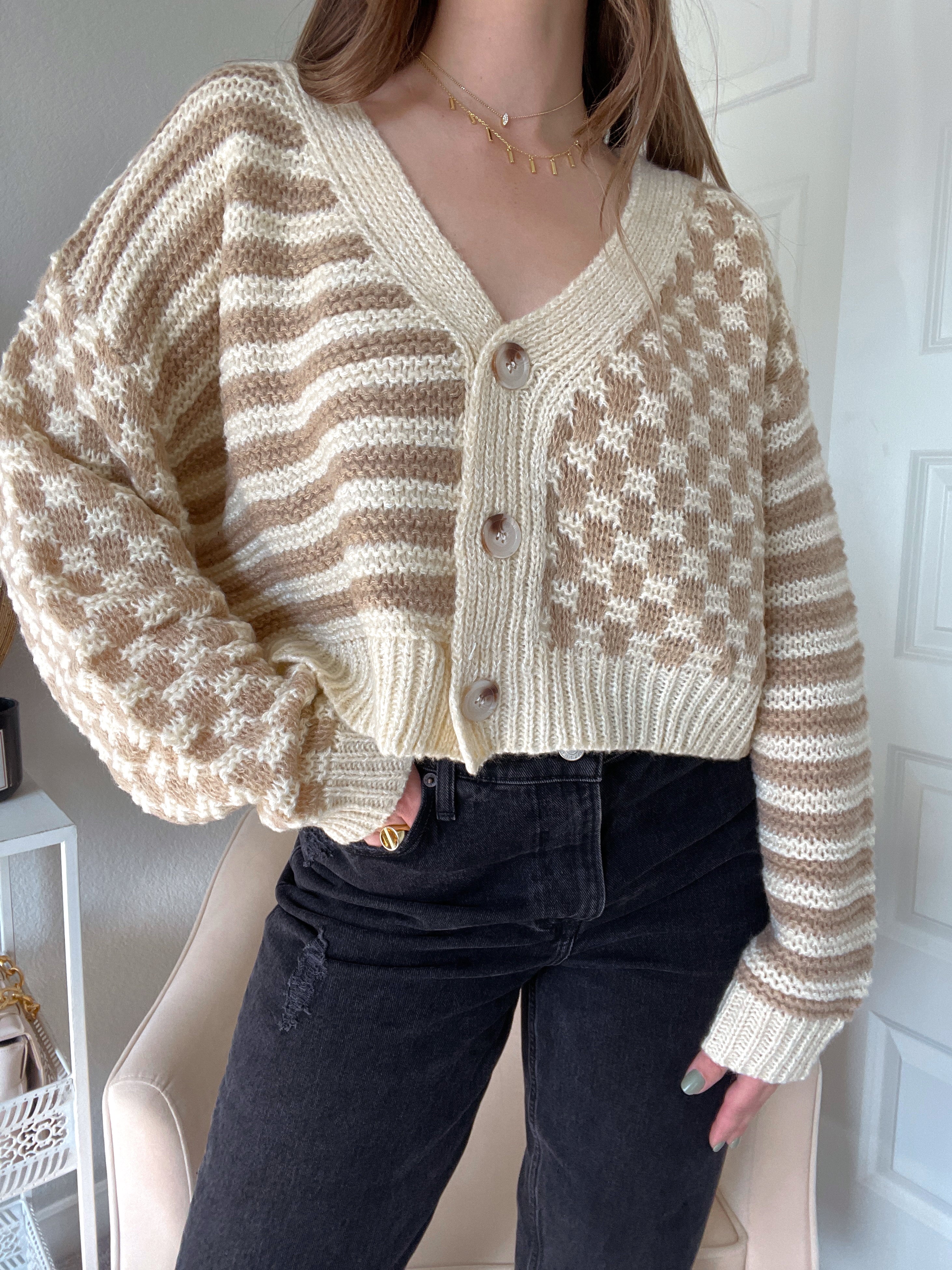 Cameron Checkered Print Button Down Cardigan Taupe Ivory La