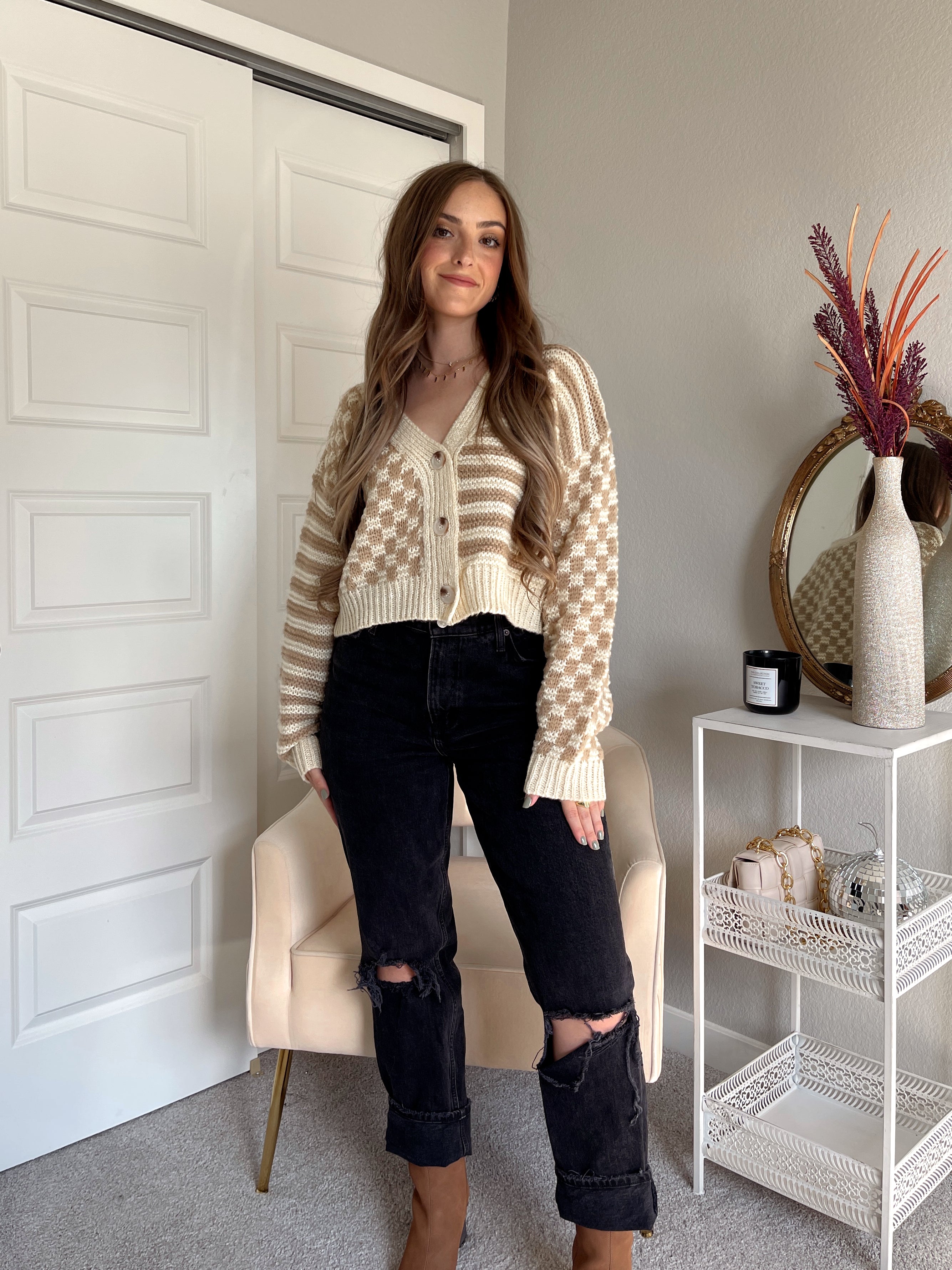 Cameron Checkered Print Button Down Cardigan Taupe Ivory La