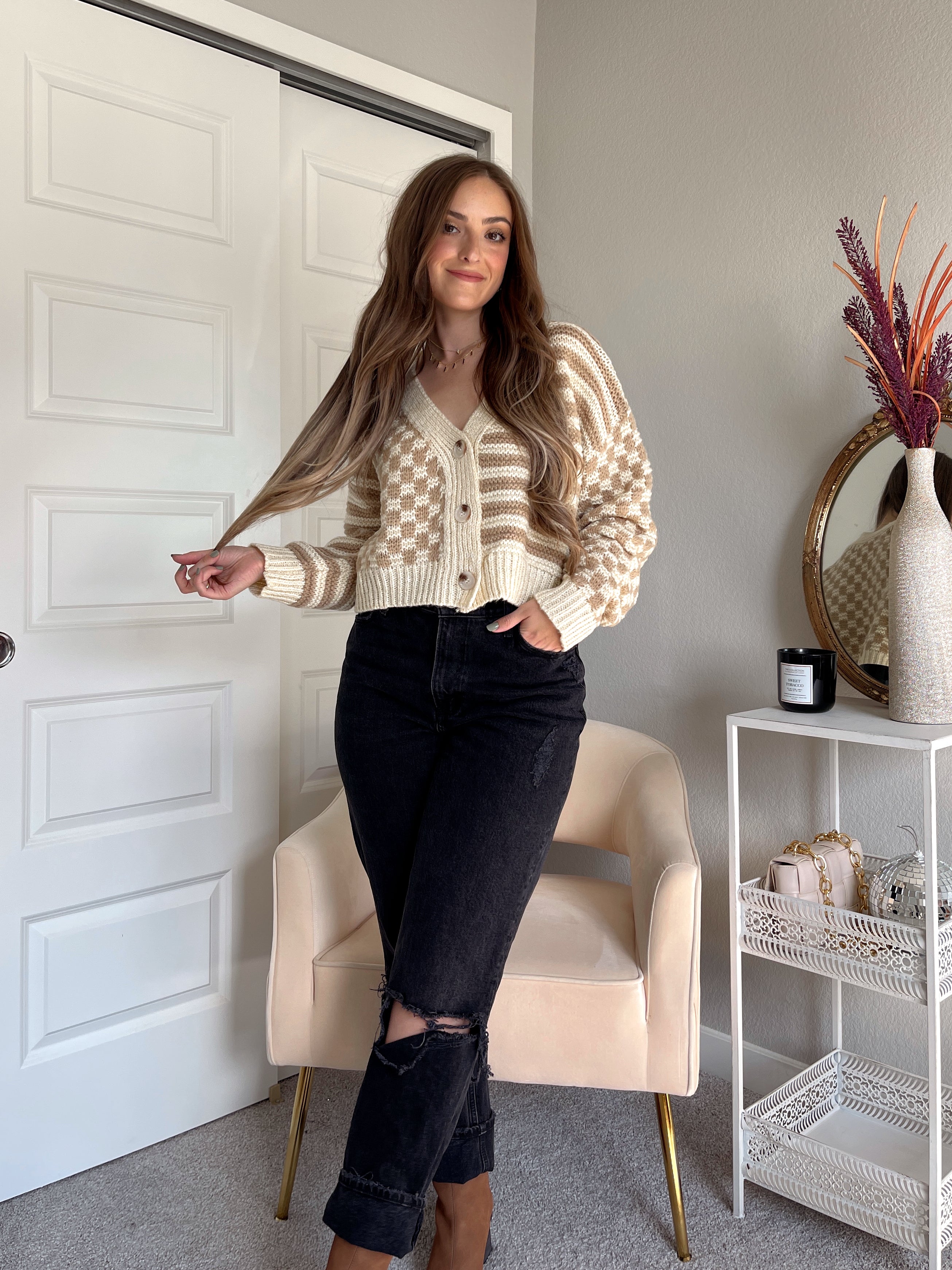 Cameron Checkered Print Button Down Cardigan Taupe Ivory La