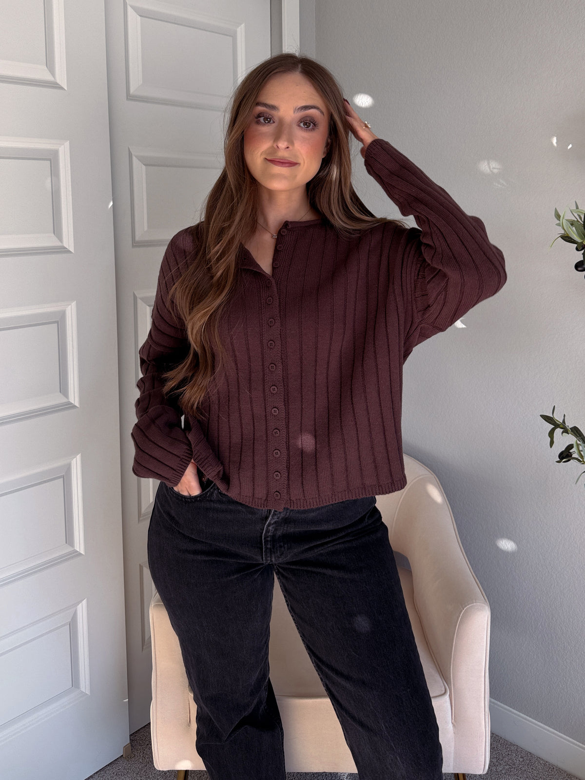 Campbell Wide Ribbed Cardigan (Chocolate)