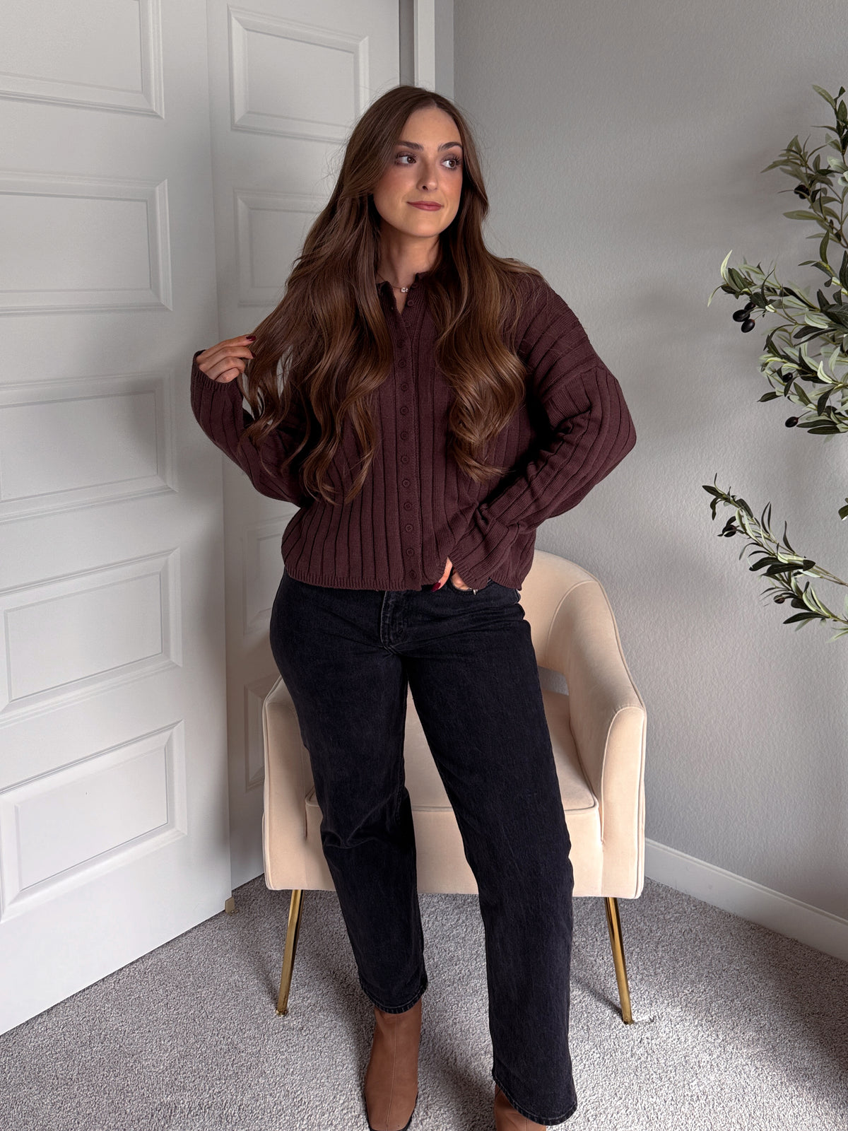 Campbell Wide Ribbed Cardigan (Chocolate)