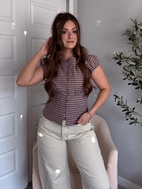 Cecily Plaid Cotton Button Down Puff Sleeve Top (Dark Brown)