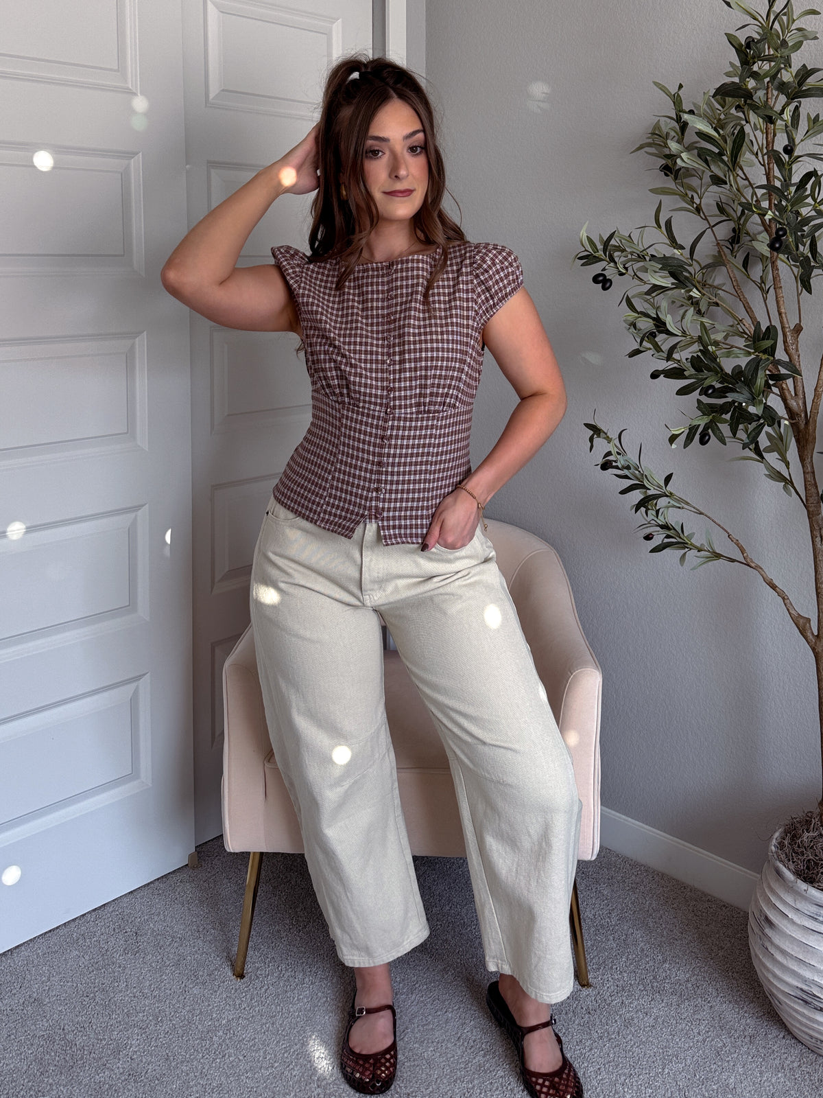 Cecily Plaid Cotton Button Down Puff Sleeve Top (Dark Brown)