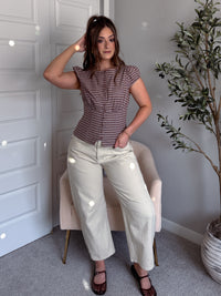 Cecily Plaid Cotton Button Down Puff Sleeve Top (Dark Brown)