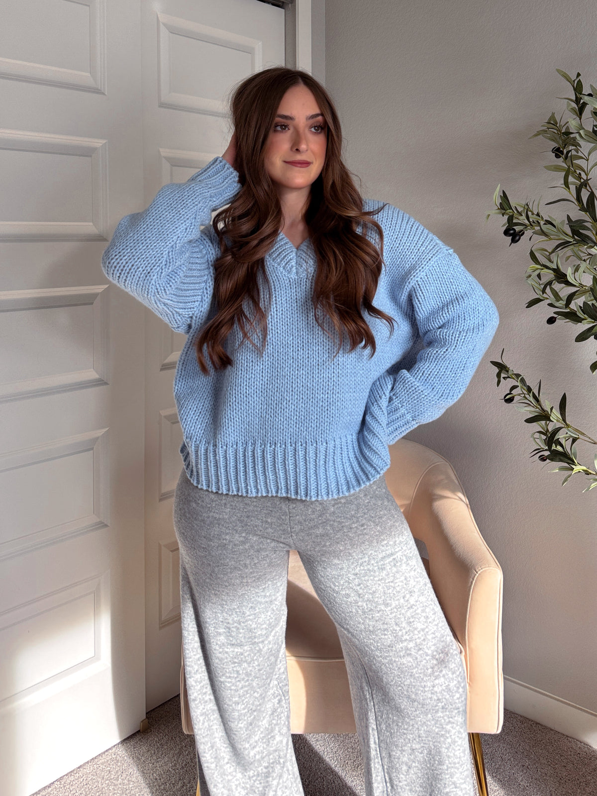 Celeste V-Neck Boxy Cut Balloon Sleeve Sweater (Light Blue)