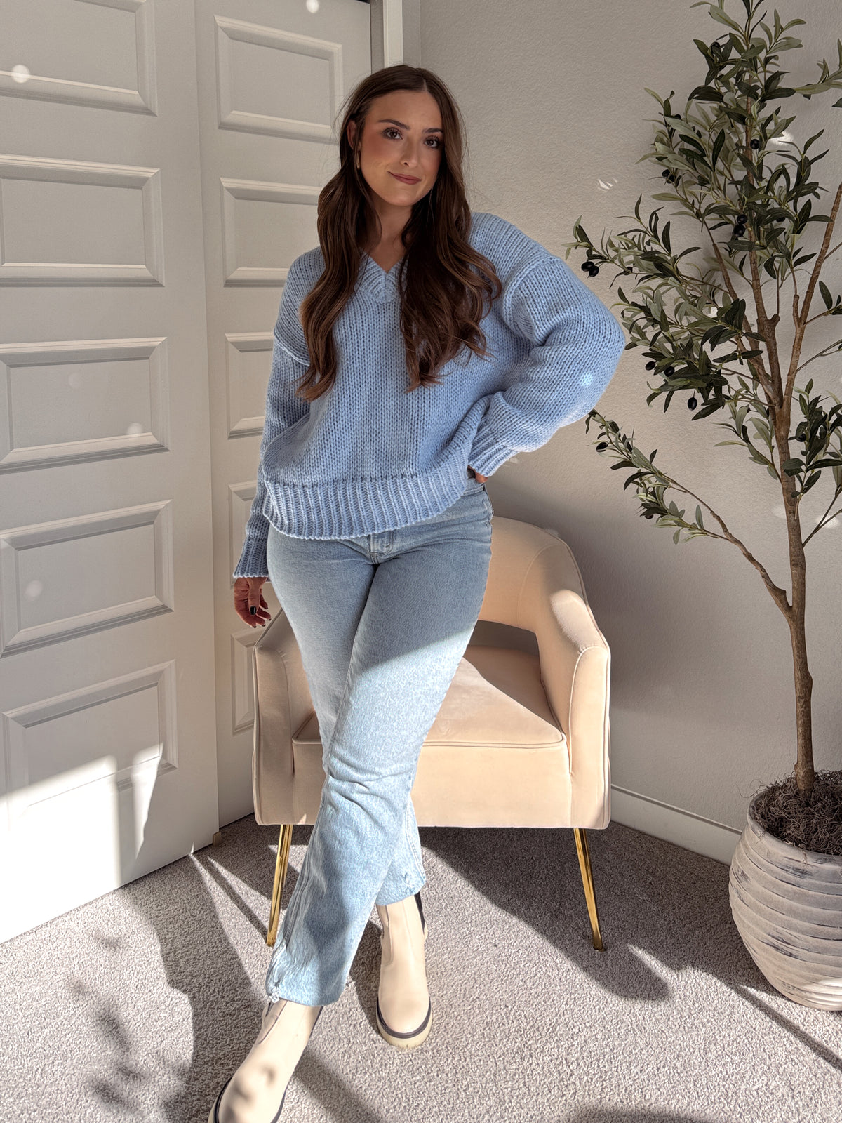 Celeste V-Neck Boxy Cut Balloon Sleeve Sweater (Light Blue)