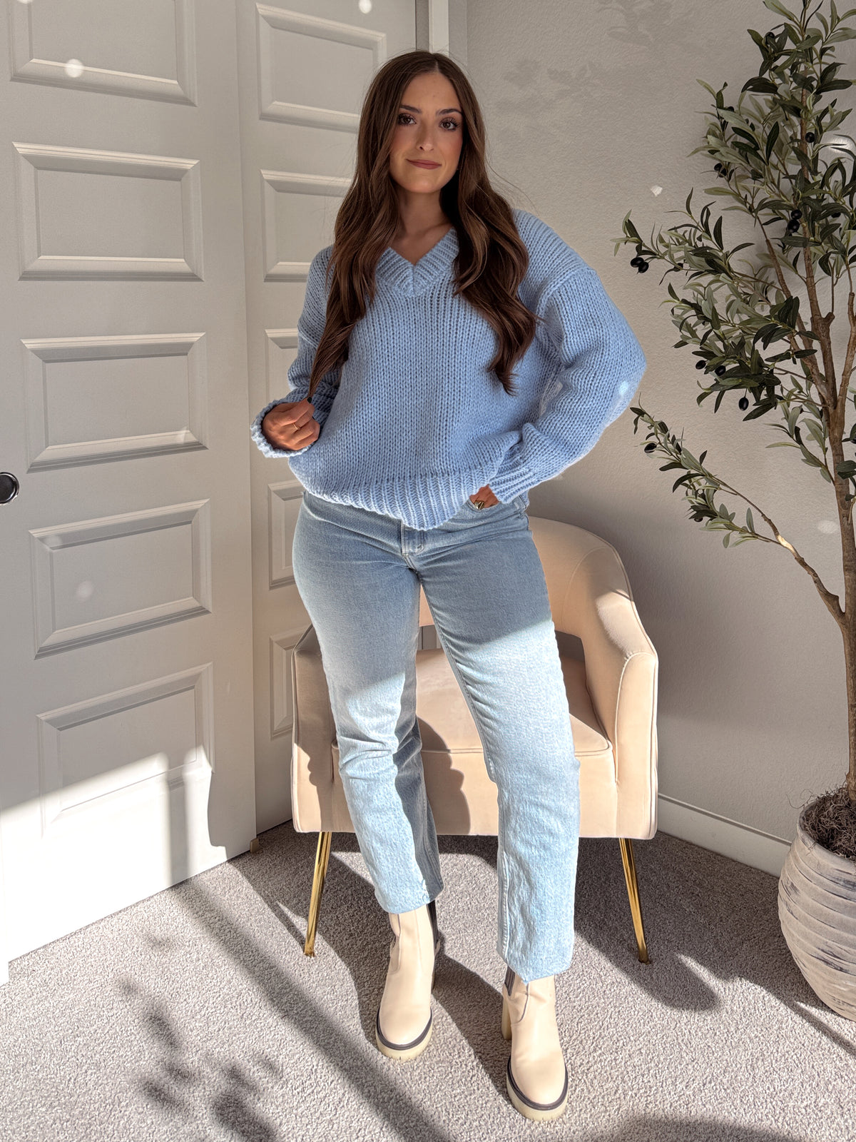 Celeste V-Neck Boxy Cut Balloon Sleeve Sweater (Light Blue)