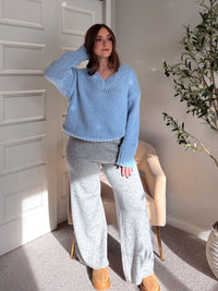 Celeste V-Neck Boxy Cut Balloon Sleeve Sweater (Light Blue)