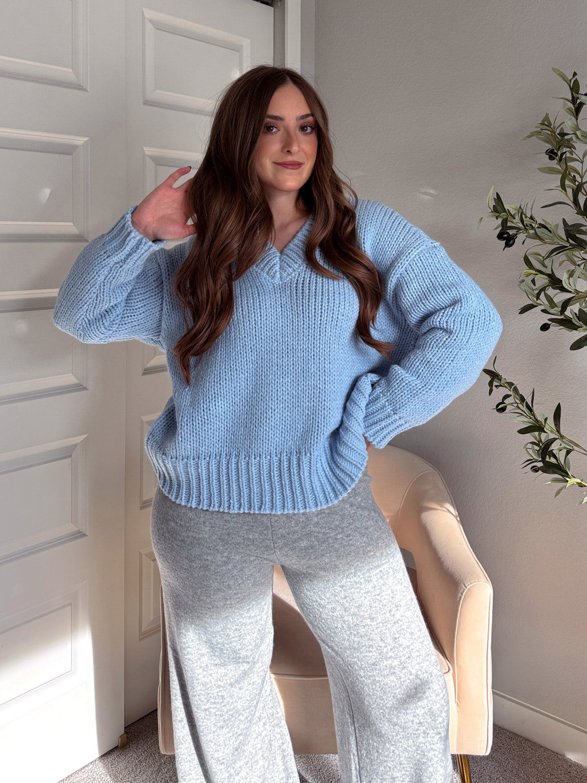 Celeste V-Neck Boxy Cut Balloon Sleeve Sweater (Light Blue)