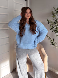 Celeste V-Neck Boxy Cut Balloon Sleeve Sweater (Light Blue)