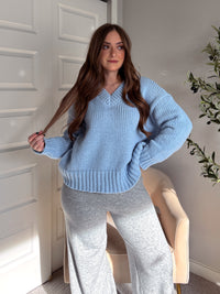 Celeste V-Neck Boxy Cut Balloon Sleeve Sweater (Light Blue)