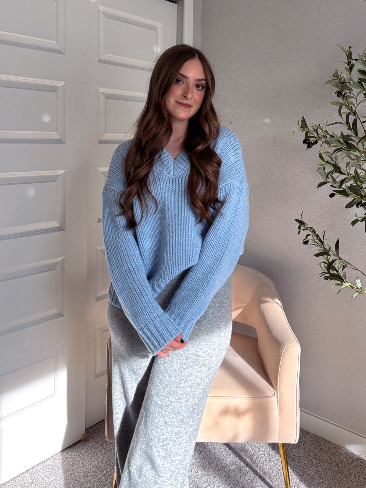 Celeste V-Neck Boxy Cut Balloon Sleeve Sweater (Light Blue)