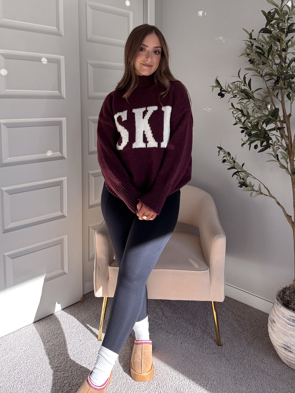 Chalet ‘Ski’ Oversized Mock Neck Sweater (Wine)