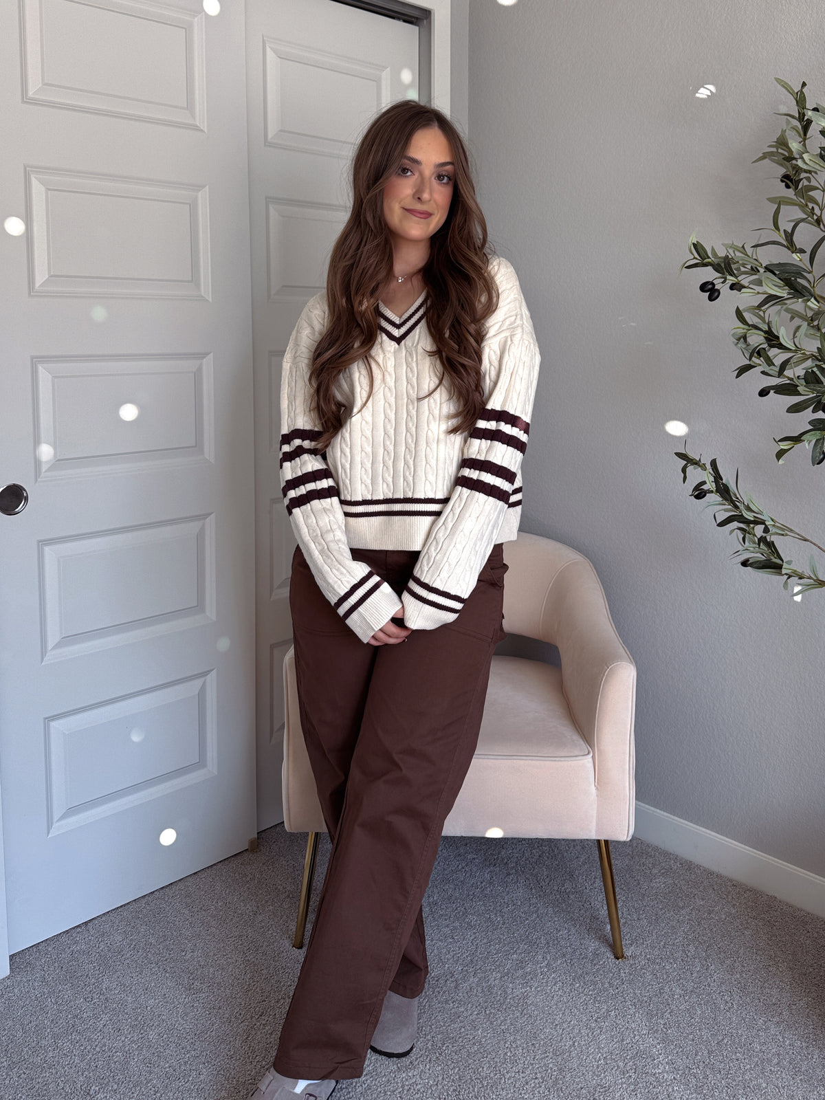 Chelsea Cable Knit V-Neck Varsity Sweater (Cream/Chocolate)