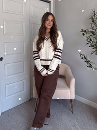 Chelsea Cable Knit V-Neck Varsity Sweater (Cream/Chocolate)
