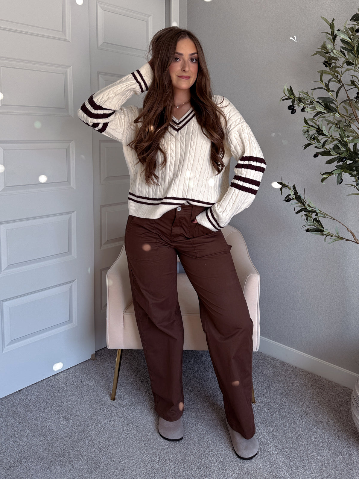Chelsea Cable Knit V-Neck Varsity Sweater (Cream/Chocolate)