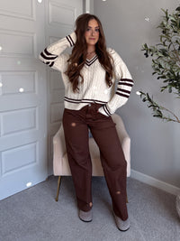 Chelsea Cable Knit V-Neck Varsity Sweater (Cream/Chocolate)