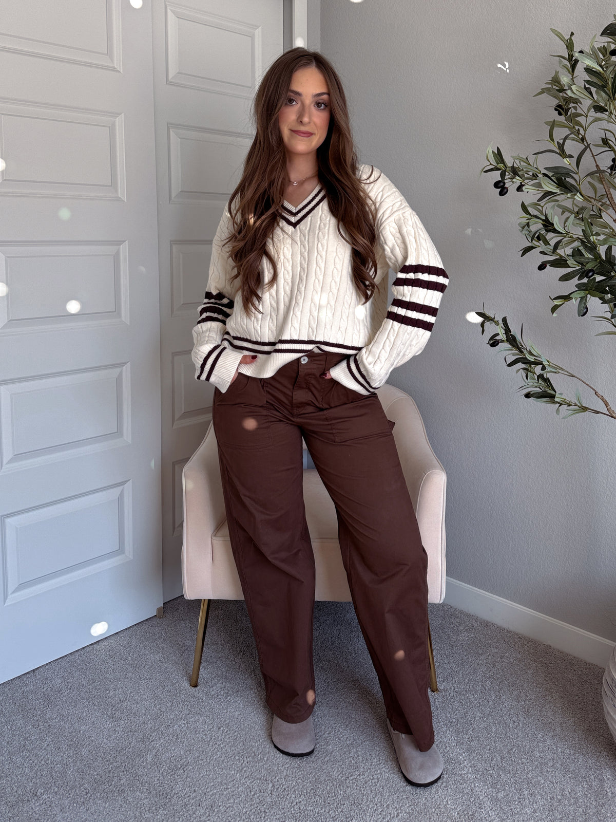Chelsea Cable Knit V-Neck Varsity Sweater (Cream/Chocolate)