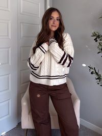 Chelsea Cable Knit V-Neck Varsity Sweater (Cream/Chocolate)
