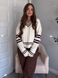 Chelsea Cable Knit V-Neck Varsity Sweater (Cream/Chocolate)