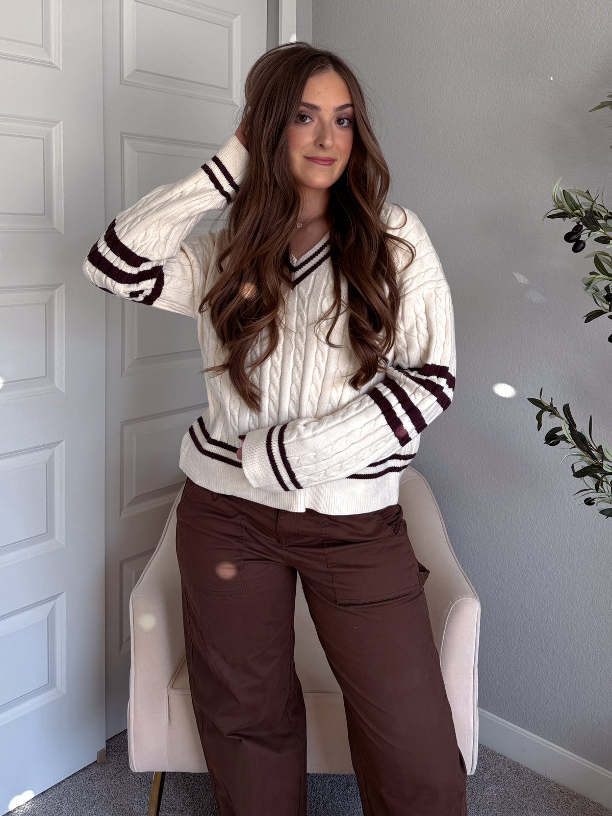Chelsea Cable Knit V-Neck Varsity Sweater (Cream/Chocolate)