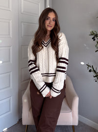 Chelsea Cable Knit V-Neck Varsity Sweater (Cream/Chocolate)