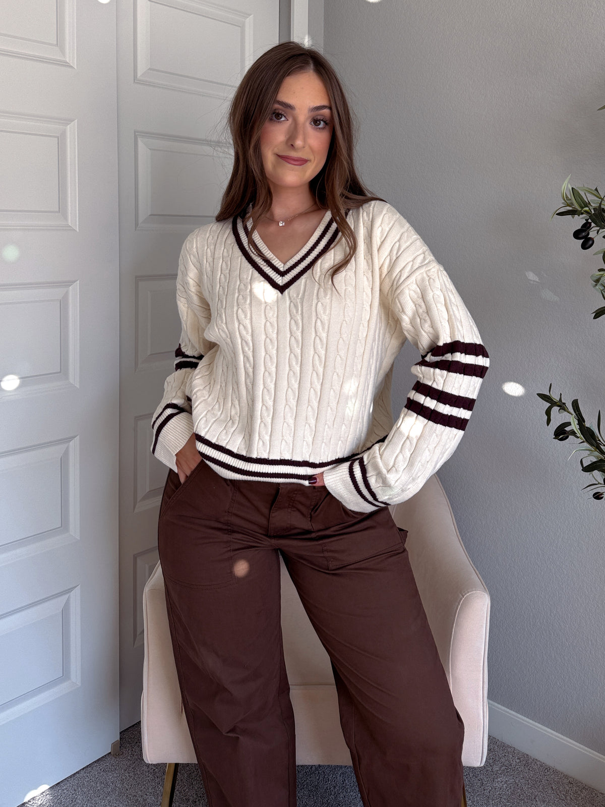 Chelsea Cable Knit V-Neck Varsity Sweater (Cream/Chocolate)