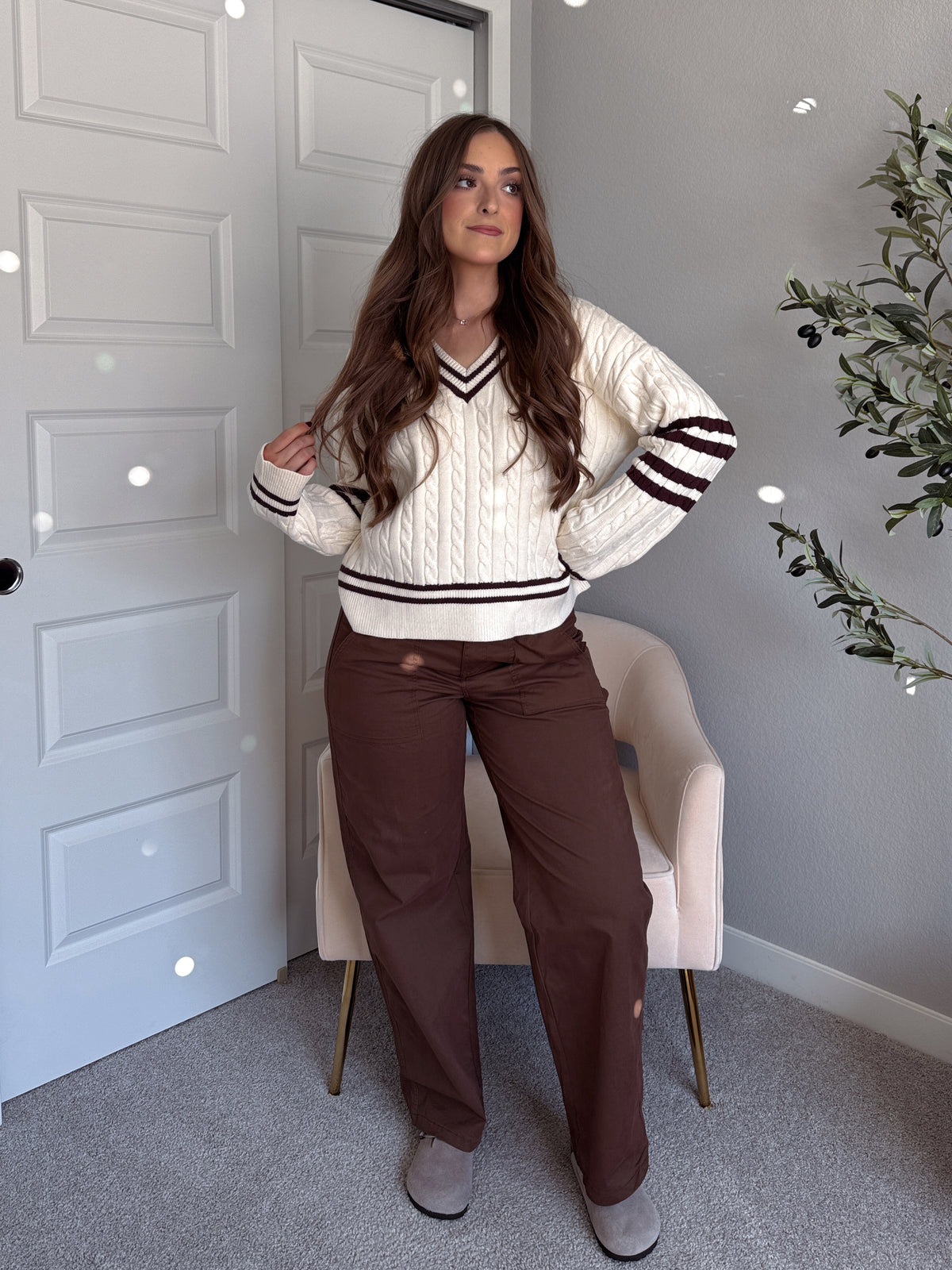 Chelsea Cable Knit V-Neck Varsity Sweater (Cream/Chocolate)