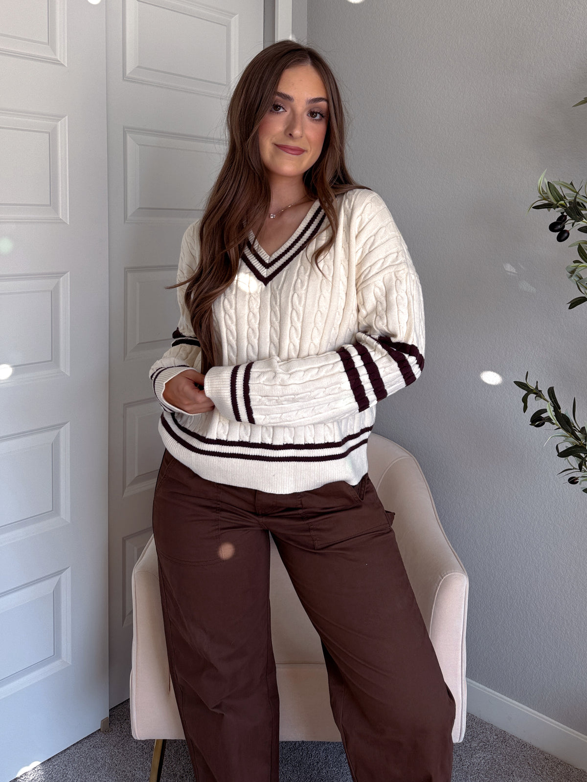Chelsea Cable Knit V-Neck Varsity Sweater (Cream/Chocolate)