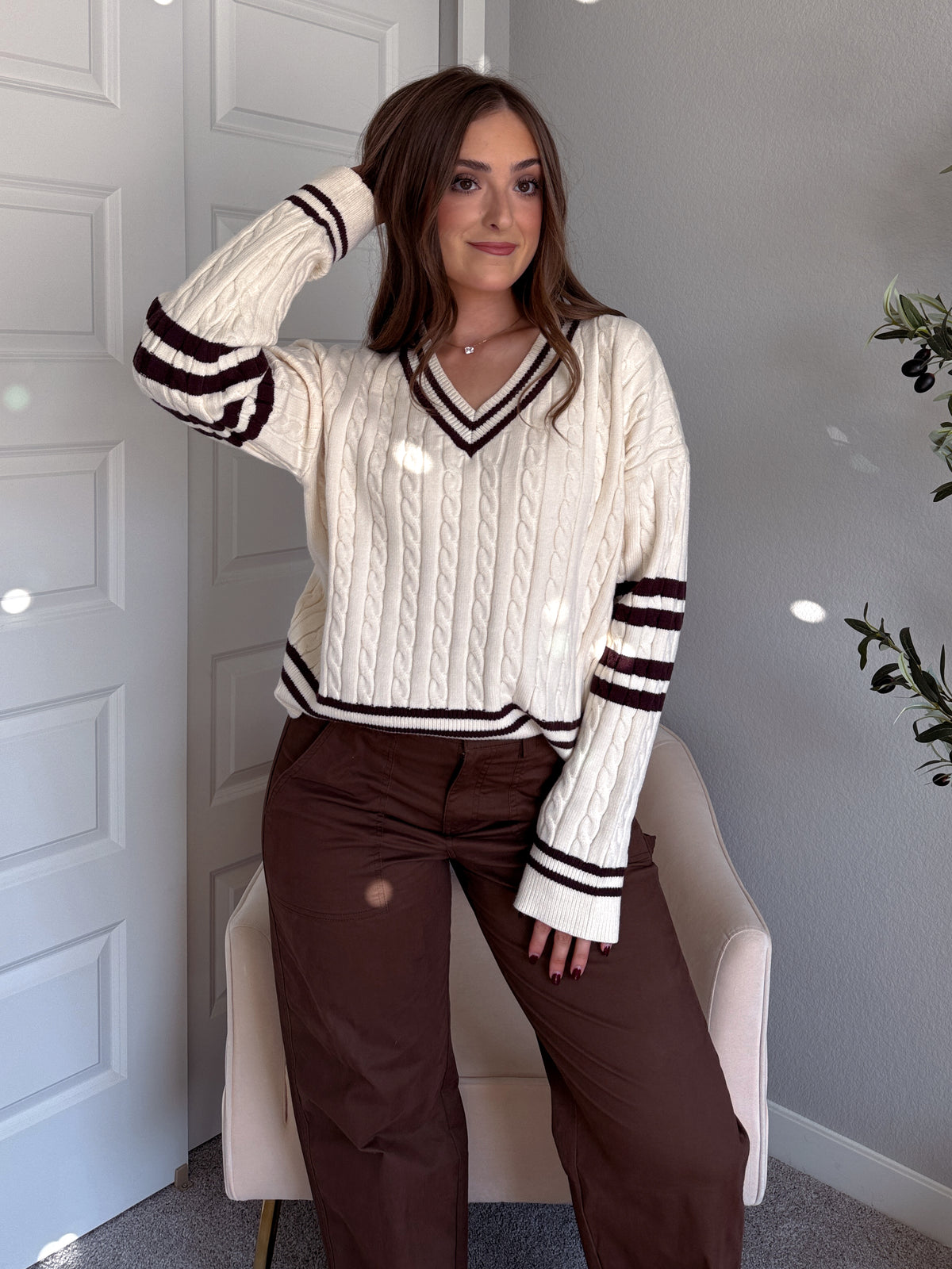 Chelsea Cable Knit V-Neck Varsity Sweater (Cream/Chocolate)