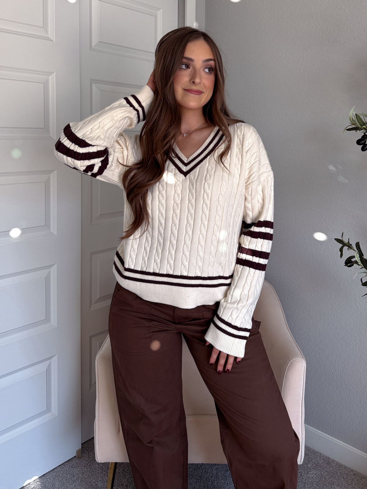 Chelsea Cable Knit V-Neck Varsity Sweater (Cream/Chocolate)