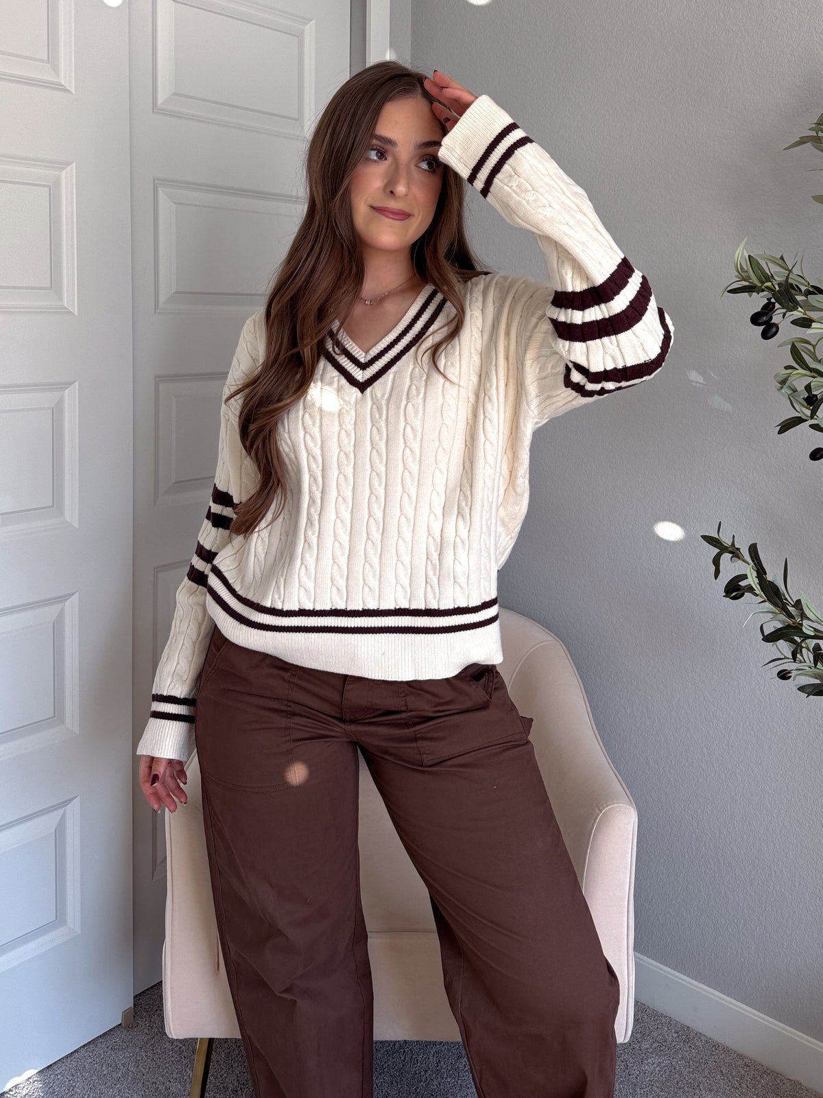 Chelsea Cable Knit V-Neck Varsity Sweater (Cream/Chocolate)