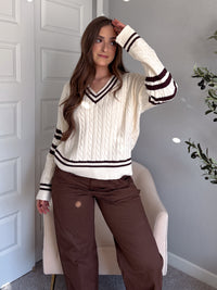 Chelsea Cable Knit V-Neck Varsity Sweater (Cream/Chocolate)