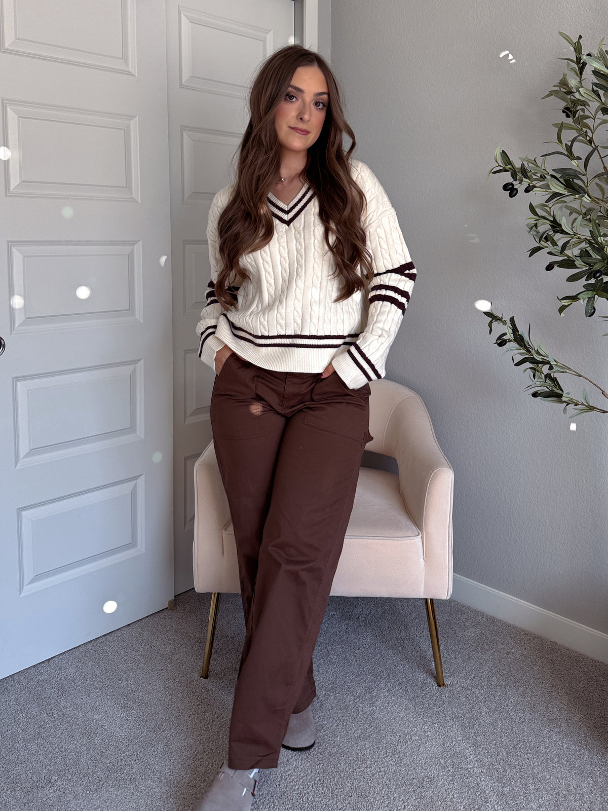 Chelsea Cable Knit V-Neck Varsity Sweater (Cream/Chocolate)