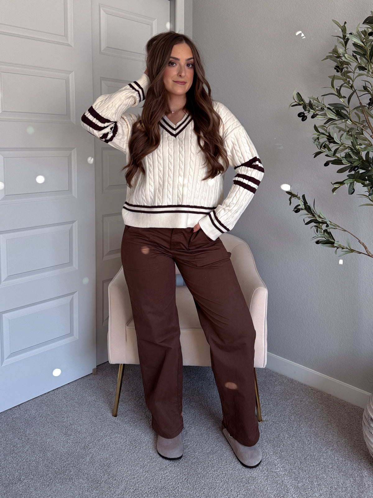 Chelsea Cable Knit V-Neck Varsity Sweater (Cream/Chocolate)