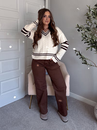 Chelsea Cable Knit V-Neck Varsity Sweater (Cream/Chocolate)