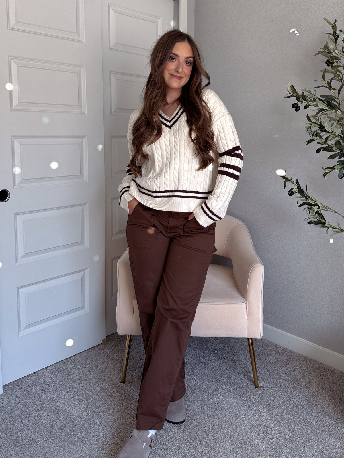 Chelsea Cable Knit V-Neck Varsity Sweater (Cream/Chocolate)