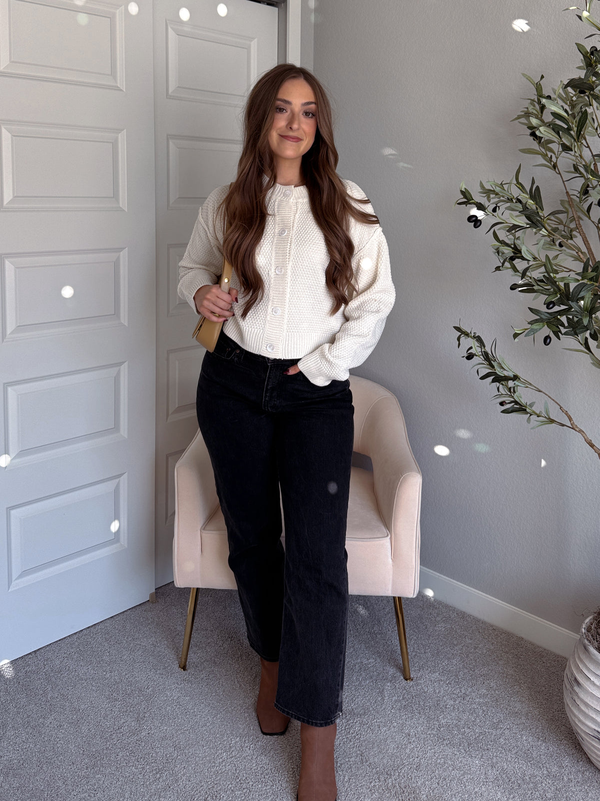 Claire Textured Crew Neck Cardigan (Ivory)