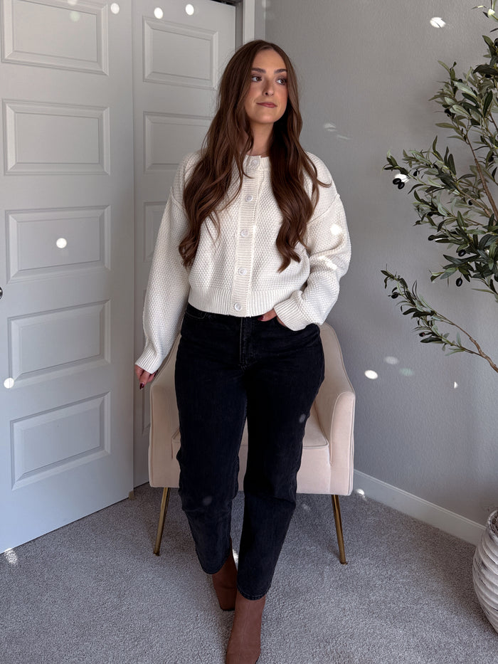 Claire Textured Crew Neck Cardigan (Ivory)