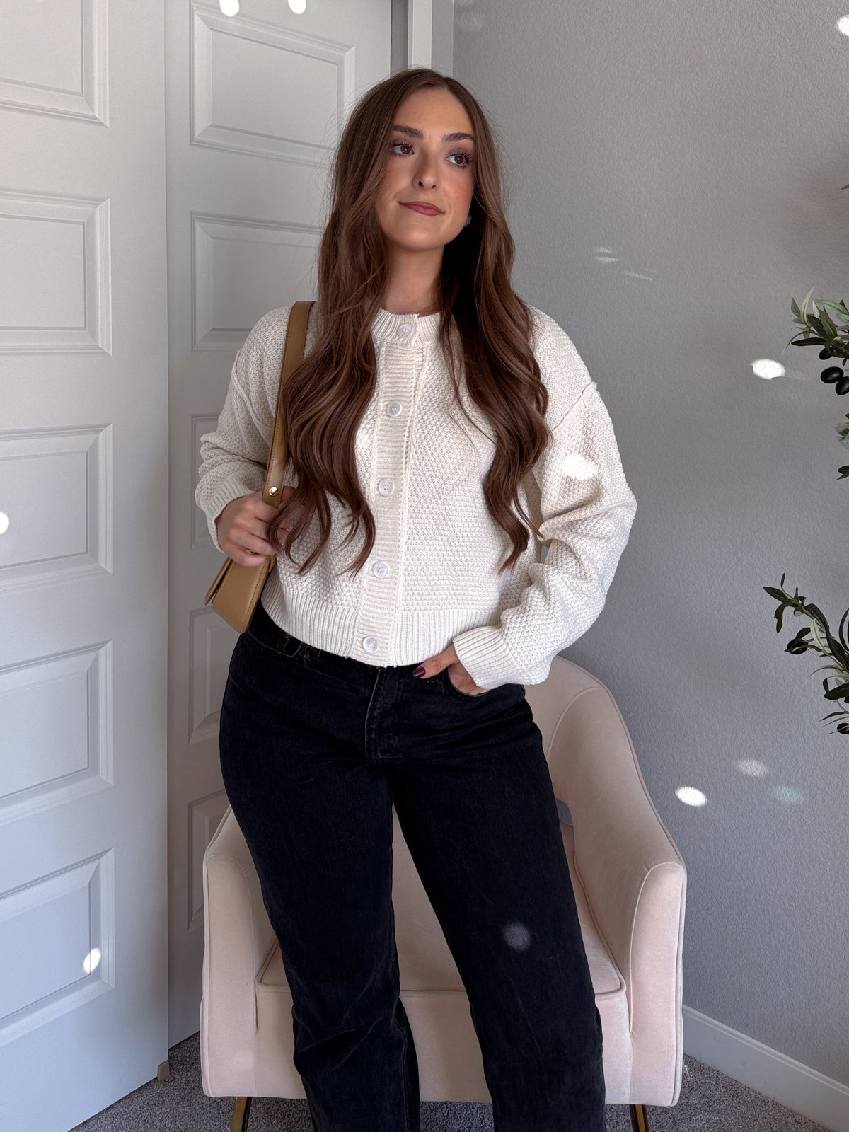 Claire Textured Crew Neck Cardigan (Ivory)