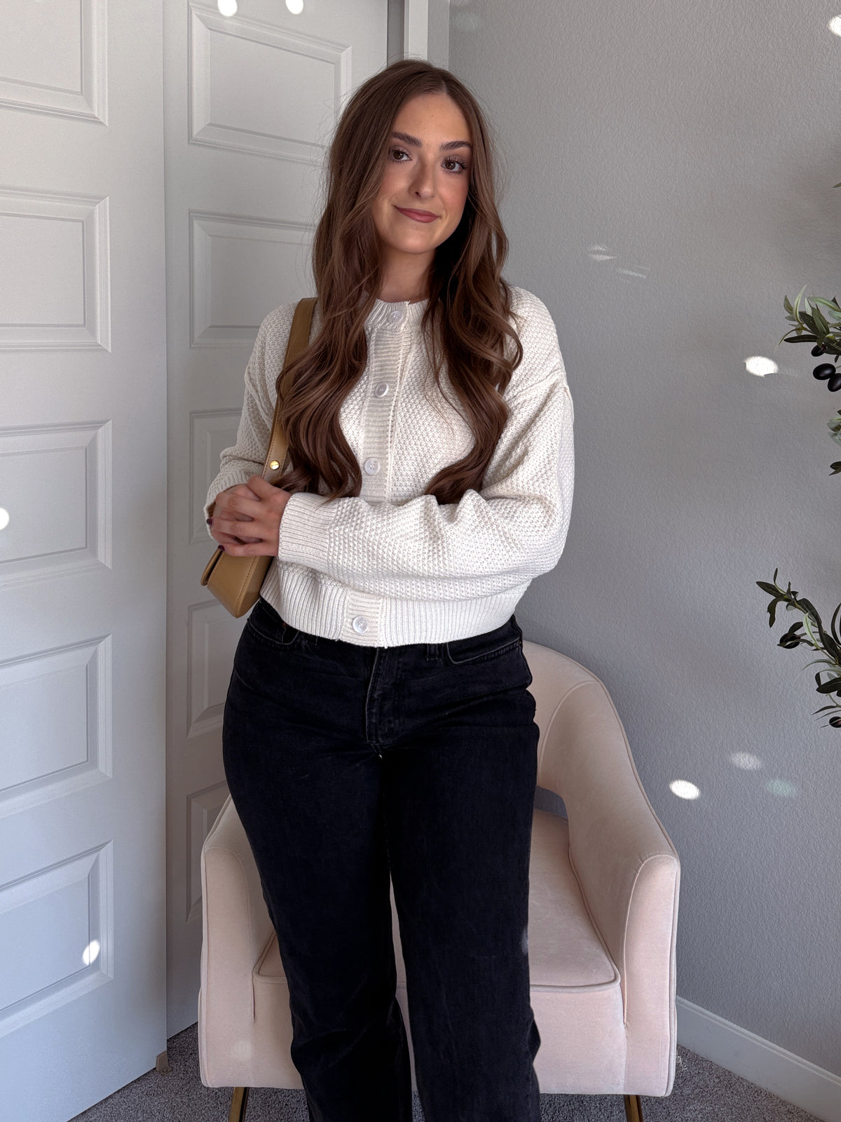 Claire Textured Crew Neck Cardigan (Ivory)
