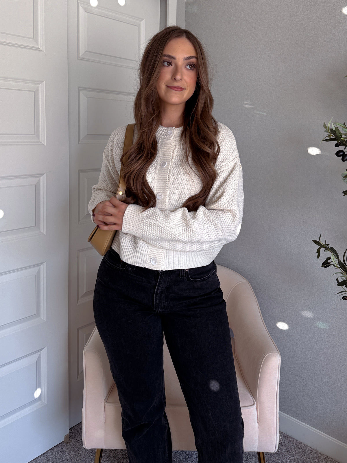 Claire Textured Crew Neck Cardigan (Ivory)