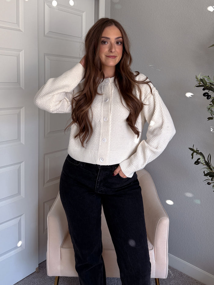 Claire Textured Crew Neck Cardigan (Ivory)