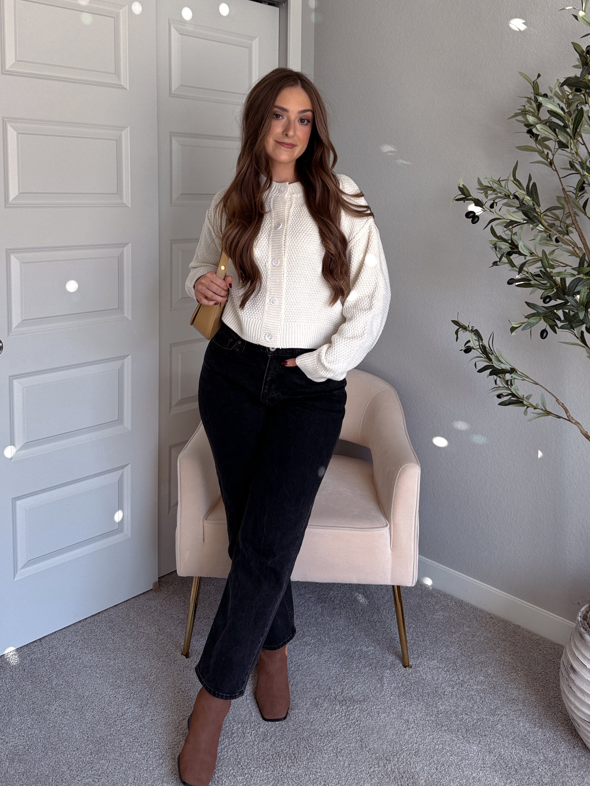 Claire Textured Crew Neck Cardigan (Ivory)